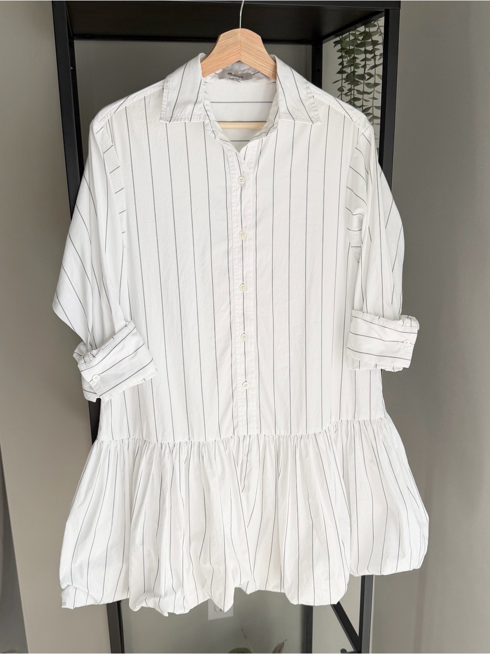 Madewell Bubble Hem Mini Shirt Dress in Pinstripe Poplin